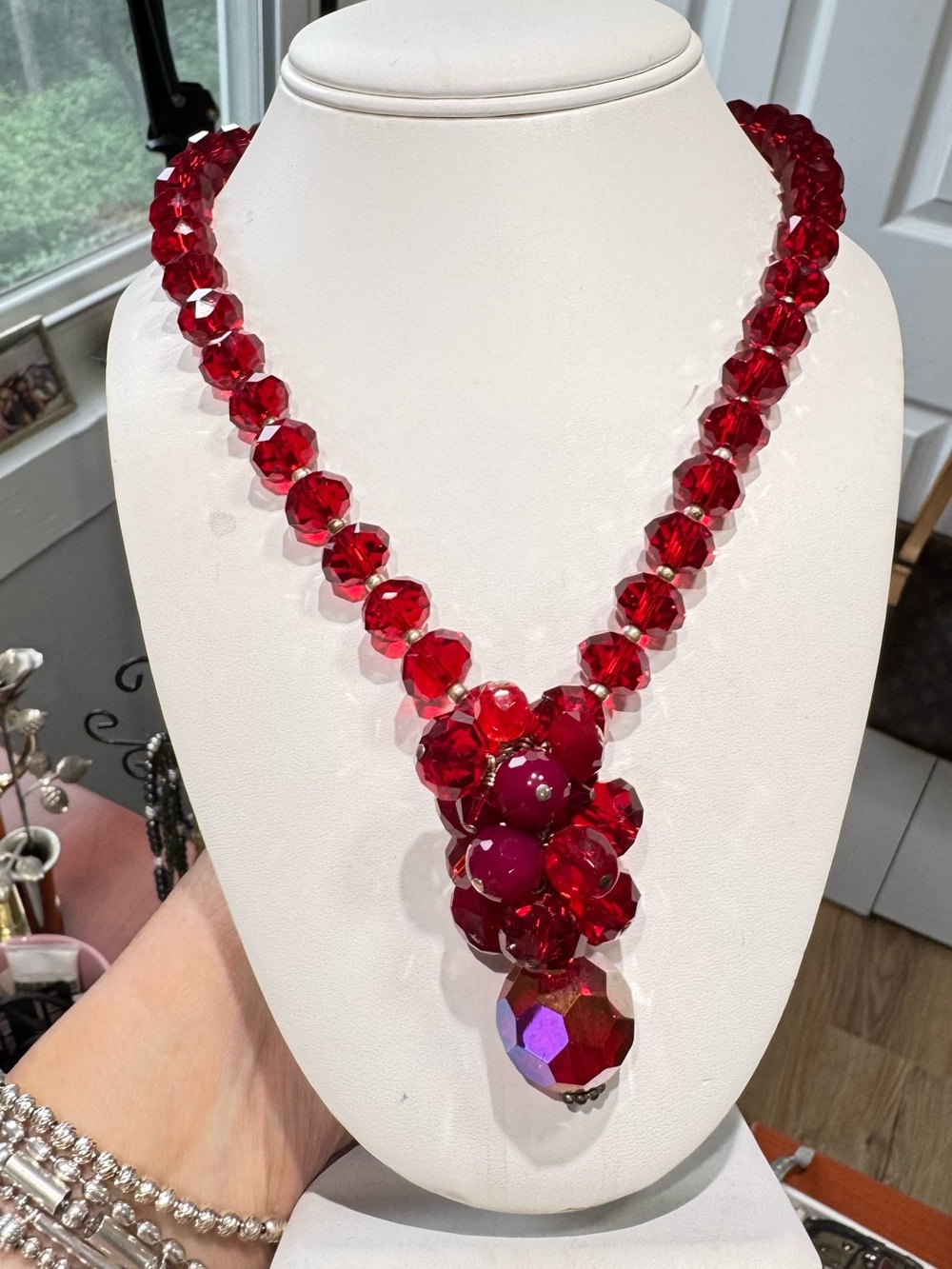 Vintage Czechoslovakia Red Faceted Glass Bead Necklace W/ Cluster Focal Drop
